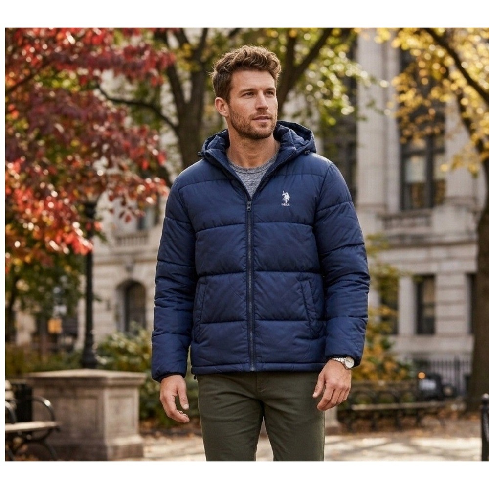 U.S. Polo Assn Puffer Jacket Navy Blue Hooded Full Zip Mens Medium 109565P2